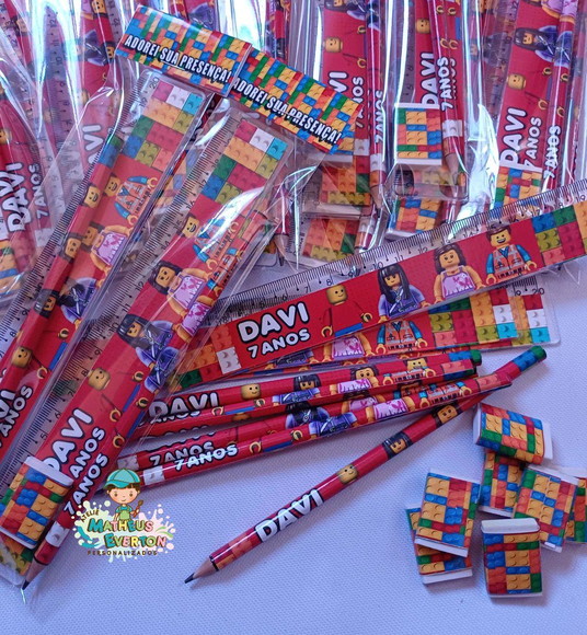 50 Kits Lápis, Régua e Borracha Personalizado Lego - Imagem 3