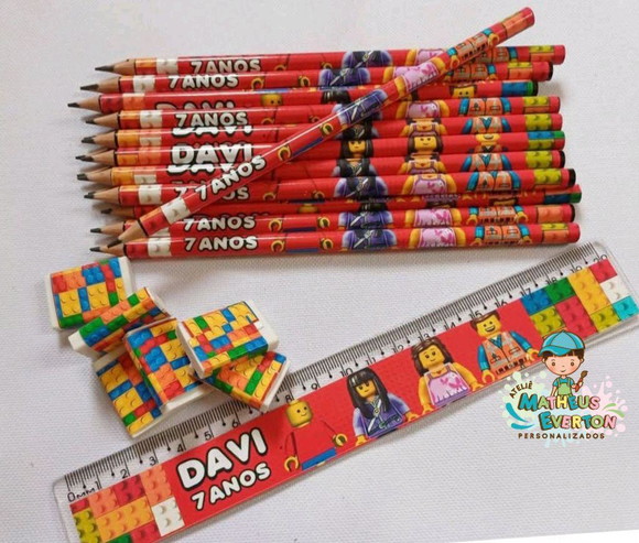50 Kits Lápis, Régua e Borracha Personalizado Lego - Imagem 4