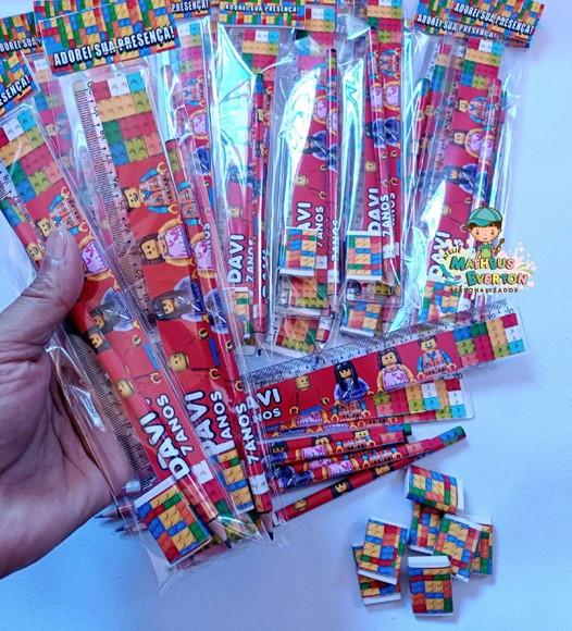 50 Kits Lápis, Régua e Borracha Personalizado Lego - Imagem 2
