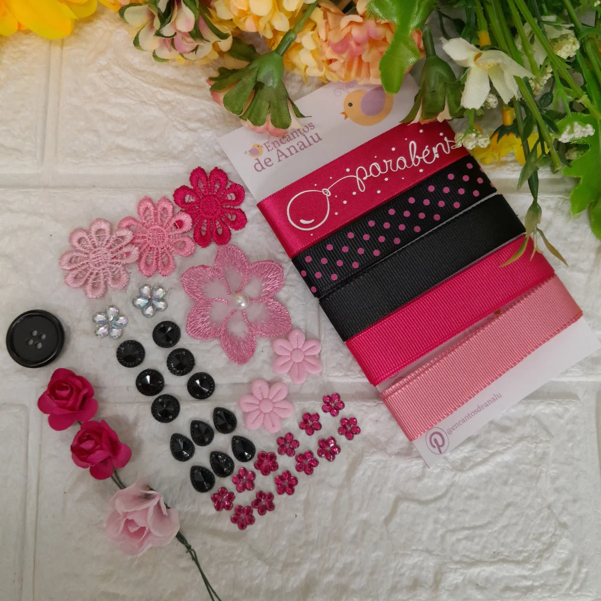 Kit de Fitas e Enfeites Coordenados Pink e Preto - Kit Fracionado Scrap e Artesanato