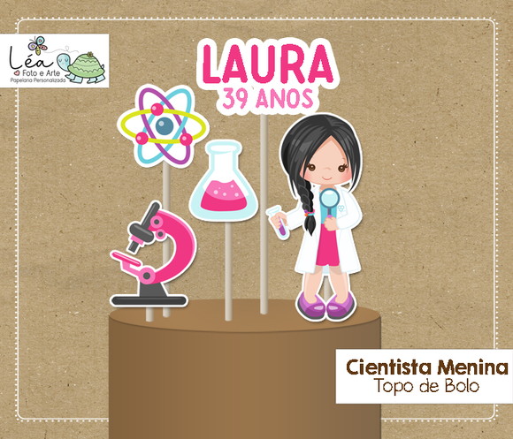 Topo de Bolo Aniversário Cientista Menina Cabelo Preto
