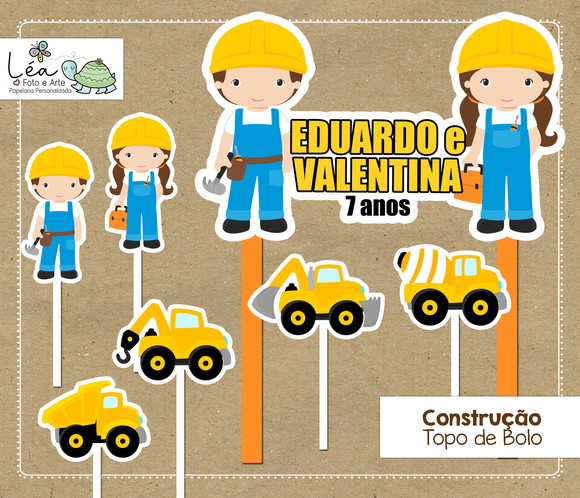 Topo de Bolo Construção Festa Gêmeos