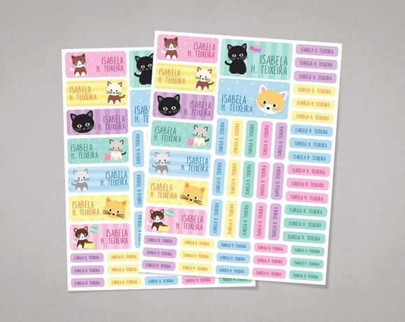 Etiquetas Escolares Gatinhos Candy Colors em Adesivo Comum