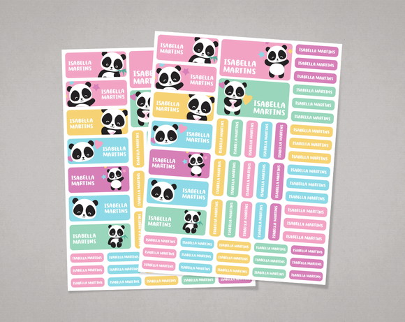 Etiquetas Escolares Panda Colorido em Adesivo Comum