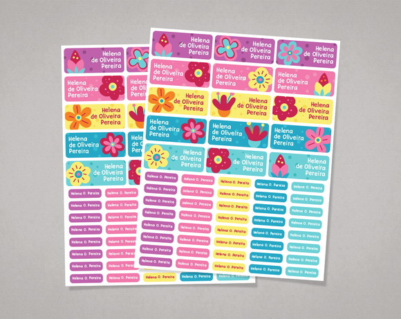 Etiquetas Material Escolar Flores Coloridas em Adesivo Comum