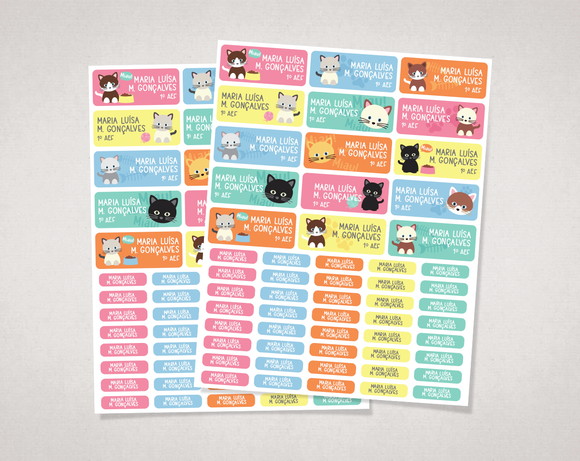 Etiquetas Material Escolar Gatinhos Candy Colors em Vinil