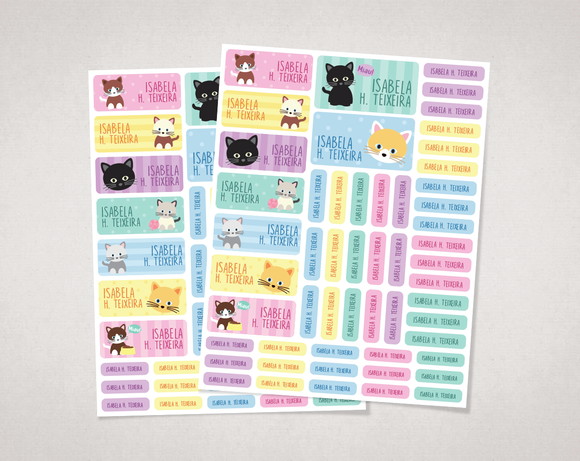 Etiquetas Material Escolar Gatinhos Candy Colors em Vinil
