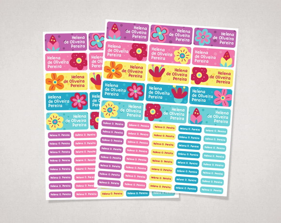 Etiquetas para Material Escolar Flores Coloridas em Vinil
