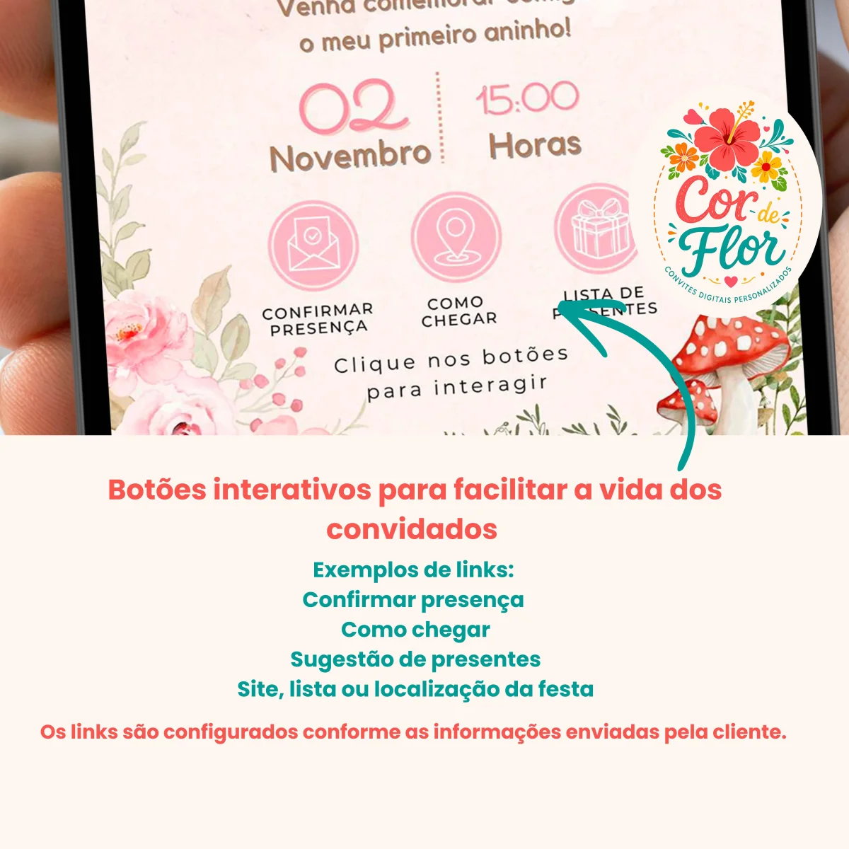 Convite Digital Interativo 1 Aninho Tema Bosque Floresta Encantada Bichinhos Flores Menina - Imagem 2