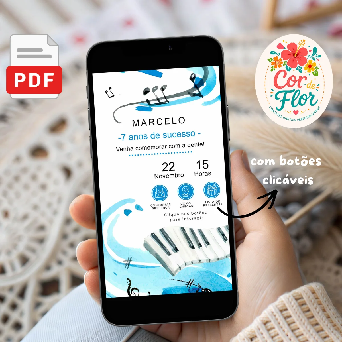Convite Digital Interativo Aniversário Tema Música Piano Notas Musicais Azul - Imagem 1