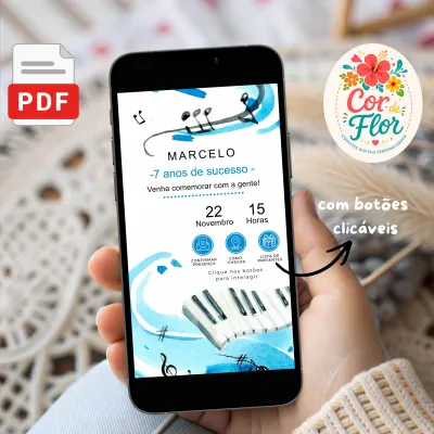 Convite Digital Interativo Aniversário Tema Música Piano Notas Musicais Azul