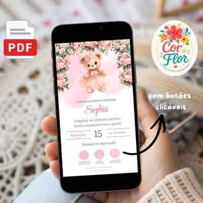 Convite Digital Interativo 1 Aninho Tema Ursinha Bailarina Floral Rosa Menina