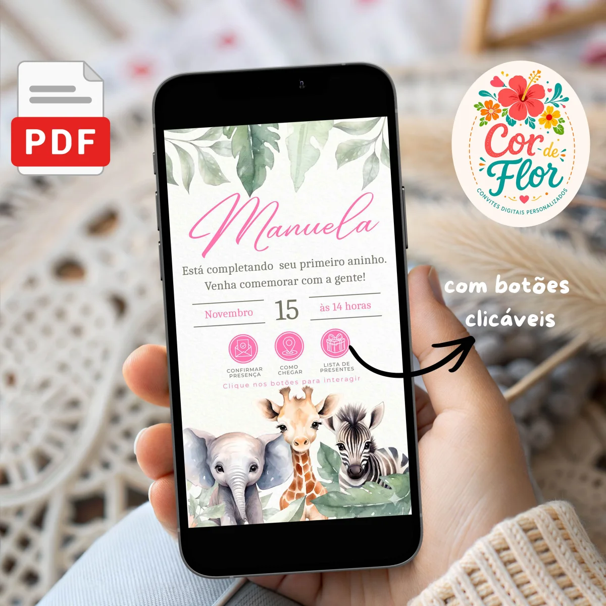 Convite Digital Interativo 1 Aninho Tema Safari Menina Elefante Girafa Zebra Rosa - Imagem 1