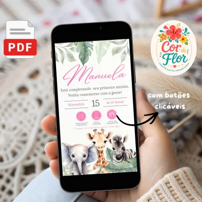 Convite Digital Interativo 1 Aninho Tema Safari Menina Elefante Girafa Zebra Rosa