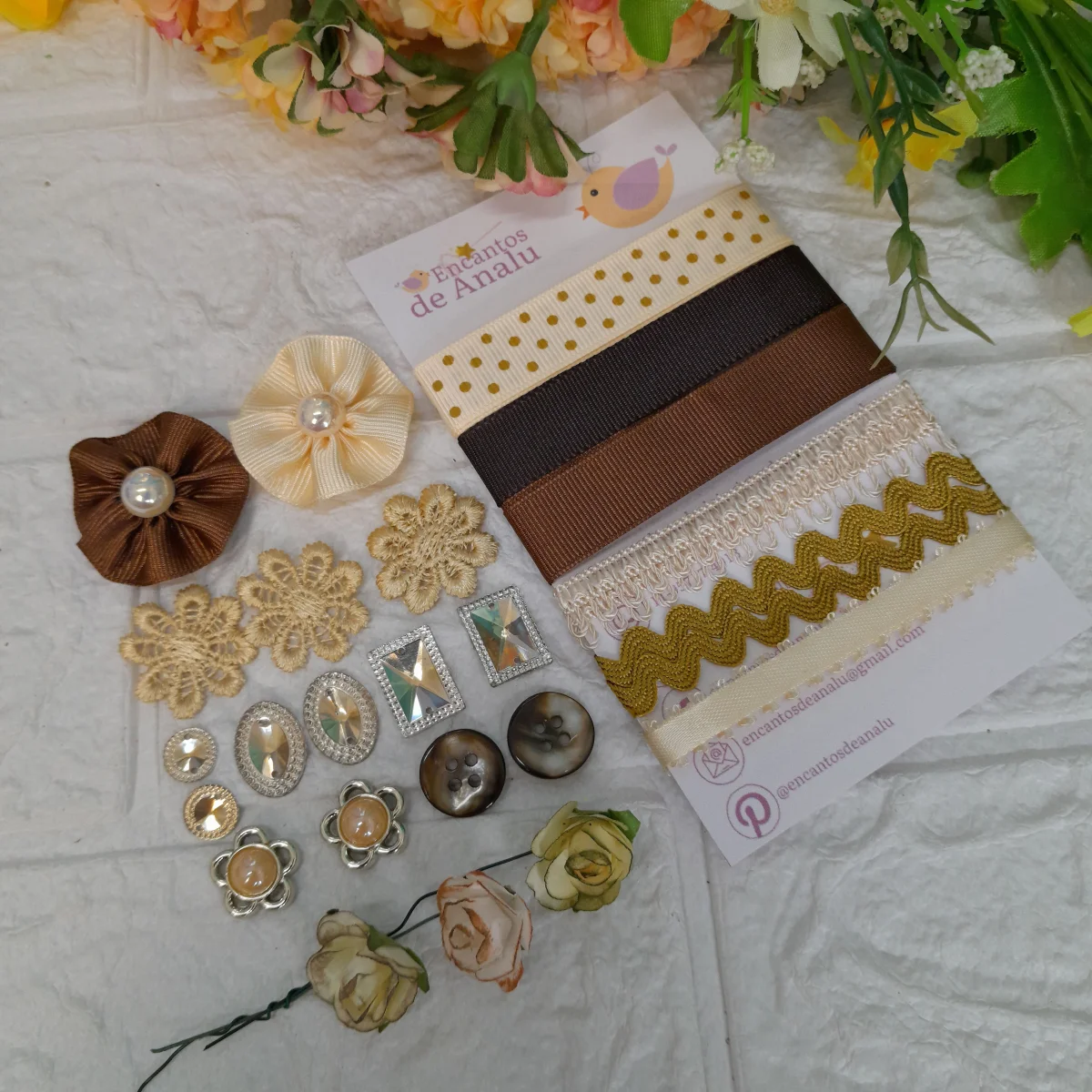 Kit de Fitas e Enfeites Coordenados Tons Marrom e Bege | Artesanato, Costura, Scrap Criativo - Imagem 5