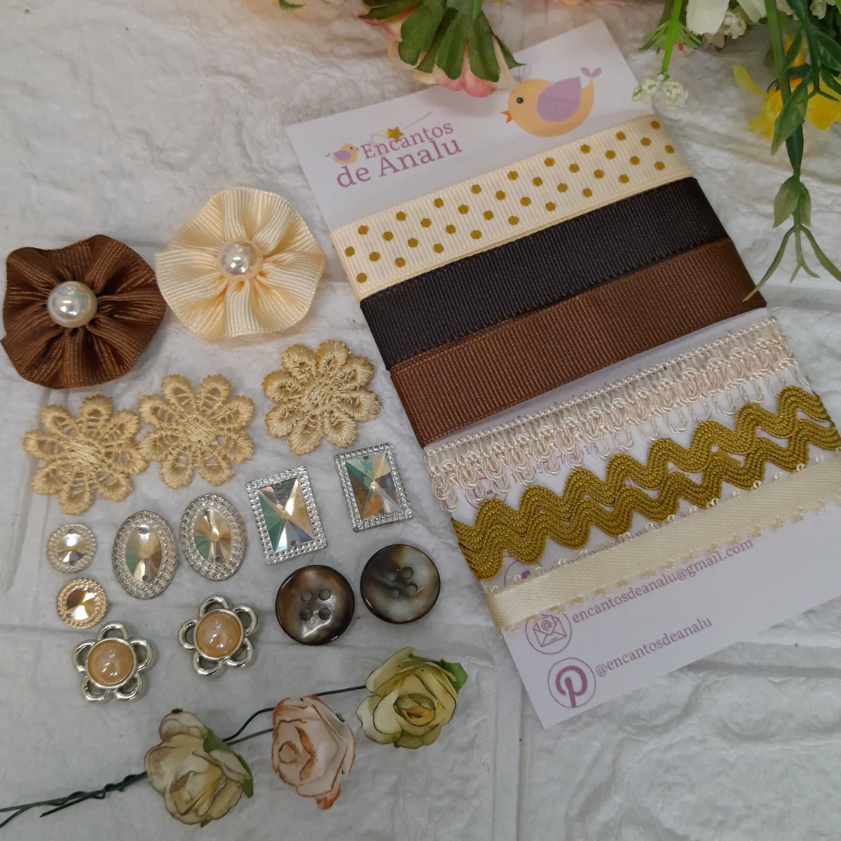 Kit de Fitas e Enfeites Coordenados Tons Marrom e Bege | Artesanato, Costura, Scrap Criativo - Imagem 3