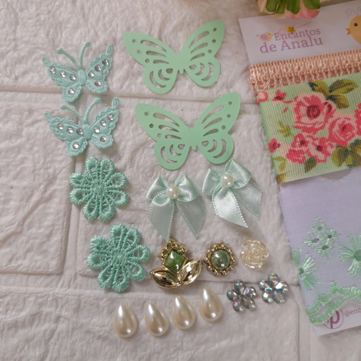 Kit de Fitas Bordado Ingles e Enfeites Coordenados Tons Verde e Coral | Artesanato, Costura Criativa - Imagem 2