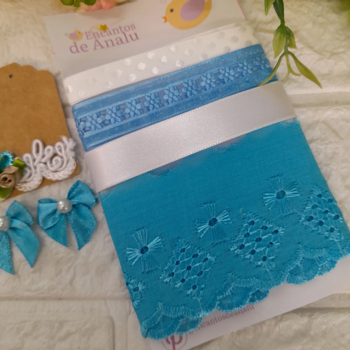 Kit de Fitas e Enfeites Coordenados Tons Turquesa e Branco | Artesanato, Costura, Scrap Criativo - Imagem 3