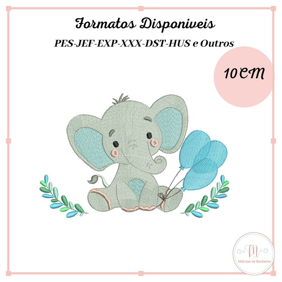Matriz Bordado Elefante com Balões e Ramagem