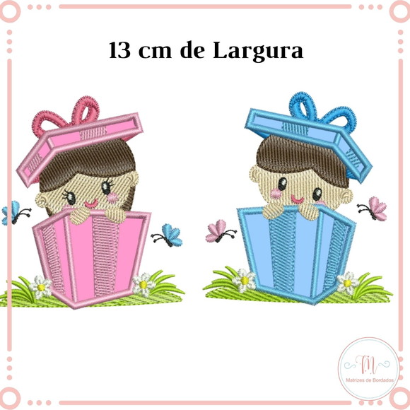 Matriz Bordado Menina e Menina Caixa de Presente (aplique)