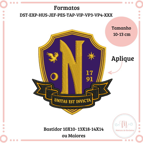 Matriz de Bordado Brasão Escola Nunca Mais-wandinha (aplique