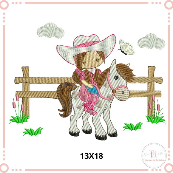 Matriz de Bordado Menina CowGirl no Cercado