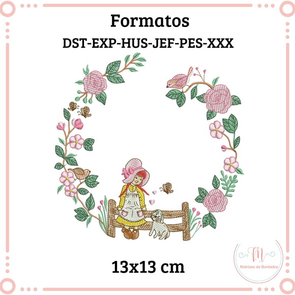 Matriz de Bordado Moldura Menina com Flores