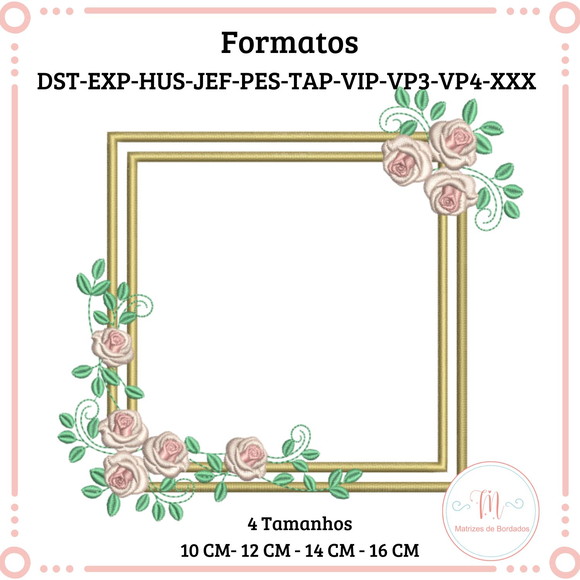 Matriz de Bordado Moldura Quadrada Rosas