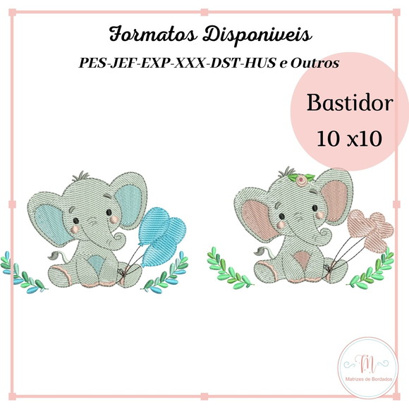 Matrizes de Bordados Elefantes com Balões e Ramagem