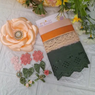 Kit de Fitas, Aviamentos e Enfeites Coordenados Verde e Coral | Artesanato Criativo, Costura e Scrap