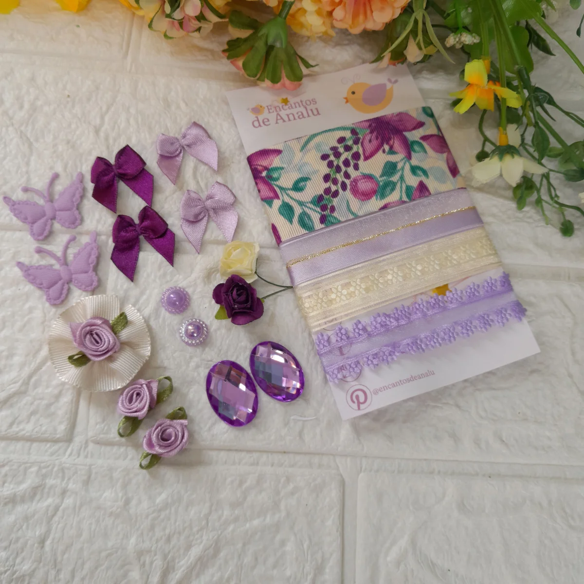 Kit de Fitas e Enfeites Coordenados Lilas, Roxo e Bege | Artesanato Criativo, Costura e Scrap - Imagem 1
