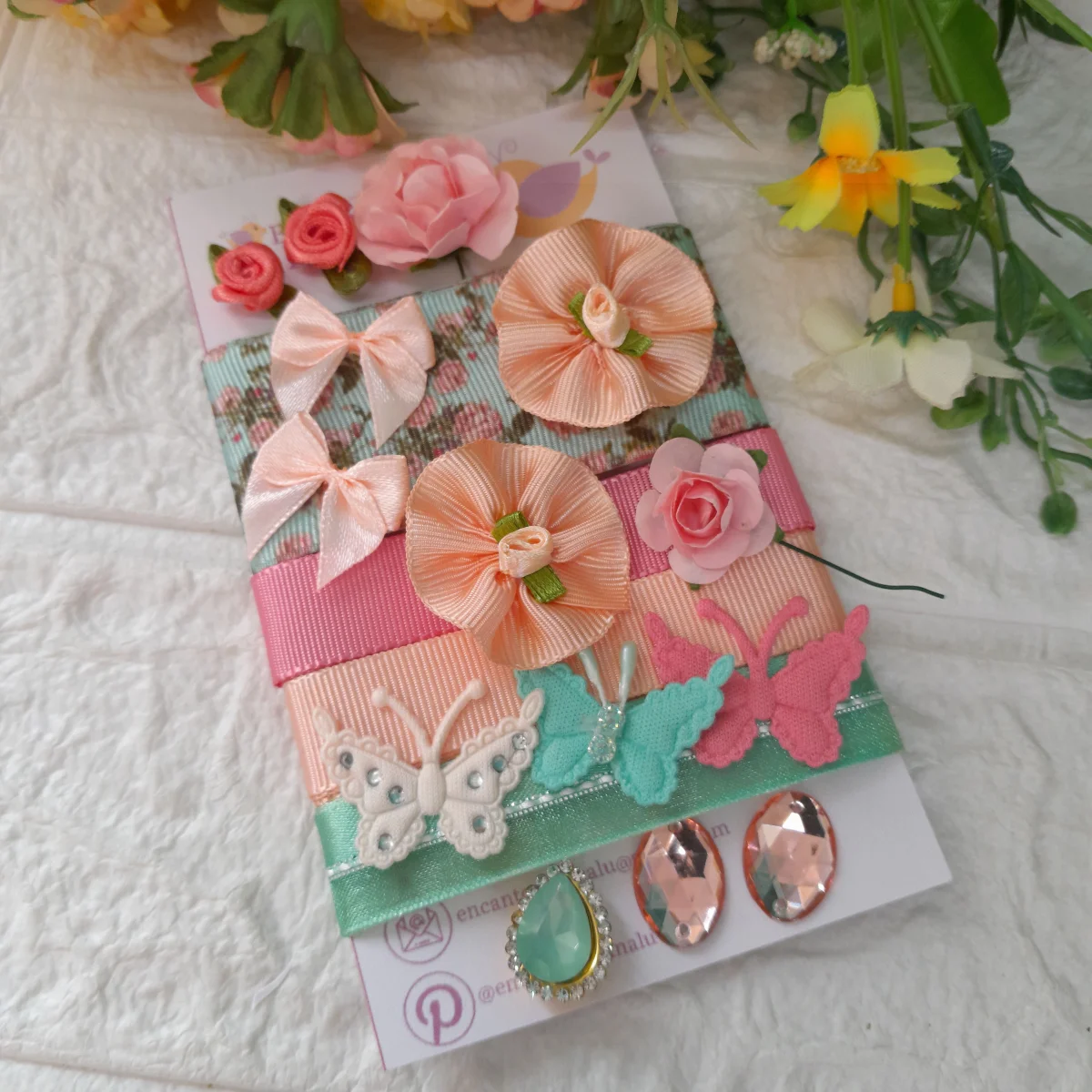 Kit de Fitas e Enfeites Coordenados Verde Coral e Rosa | Artesanato Criativo, Customização e Scrap - Imagem 2