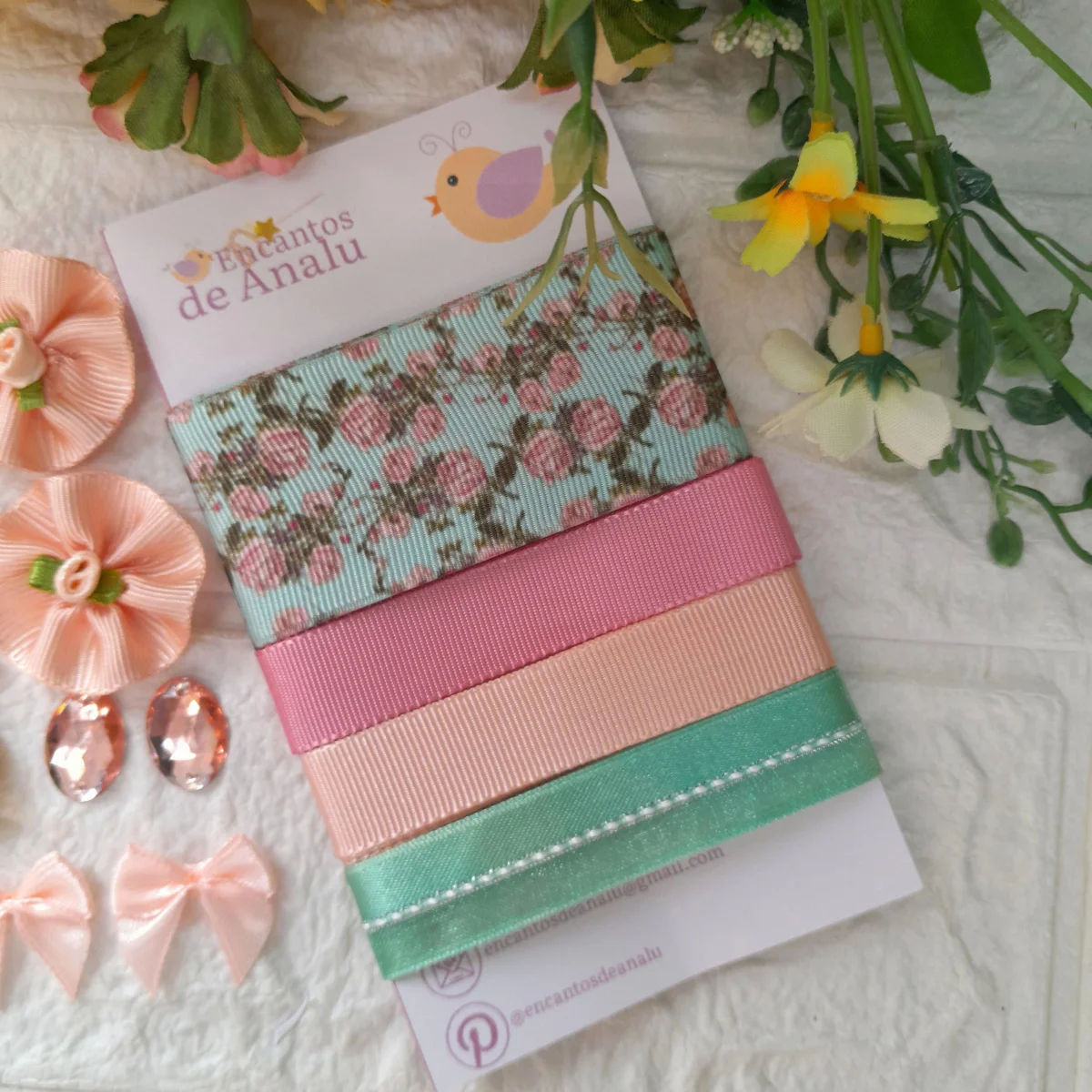 Kit de Fitas e Enfeites Coordenados Verde Coral e Rosa | Artesanato Criativo, Customização e Scrap - Imagem 4