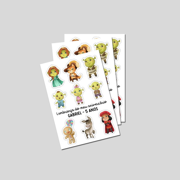 Lembrancinha Cartela de Adesivos Shrek e Fiona