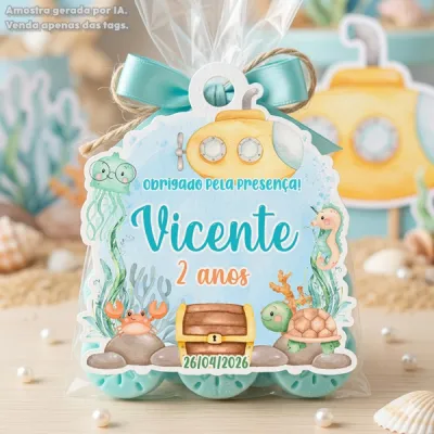 30 TAGS DE CORTE ESPECIAL PARA LEMBRANCINHAS TEMA FUNDO DO MAR AQUARELA MENINO