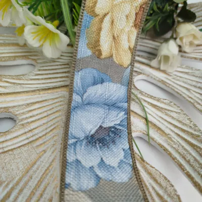Fita de Linho Estampa de Flores em Tons Azul e Bege - Artesanato e Costura Criativa