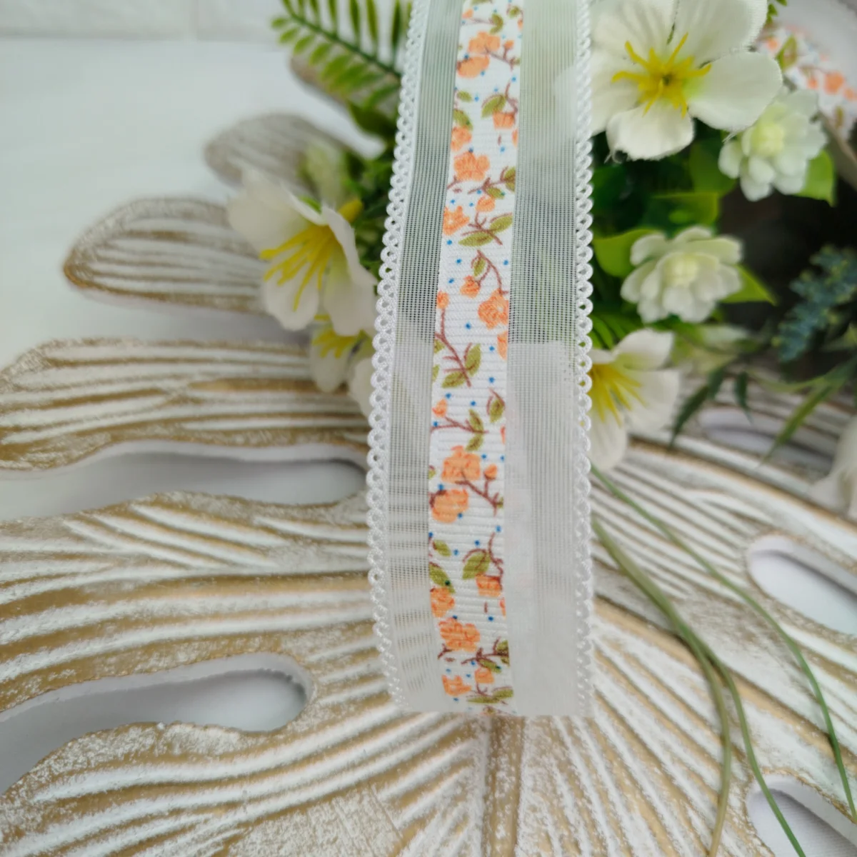 Fita Voil Branca Estampa Florzinhas Laranja - 3 cm largura - venda a metro - Imagem 5