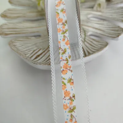 Fita Voil Branca Estampa Florzinhas Laranja  - 3 cm largura - venda a metro