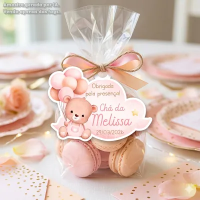 30 TAGS DE CORTE ESPECIAL PARA LEMBRANCINHAS TEMA URSINHA COM BALÕES COR DE ROSA AQUARELA