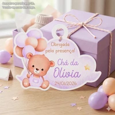 30 TAGS DE CORTE ESPECIAL PARA LEMBRANCINHAS TEMA URSINHA COM BALÕES LILÁS AQUARELA
