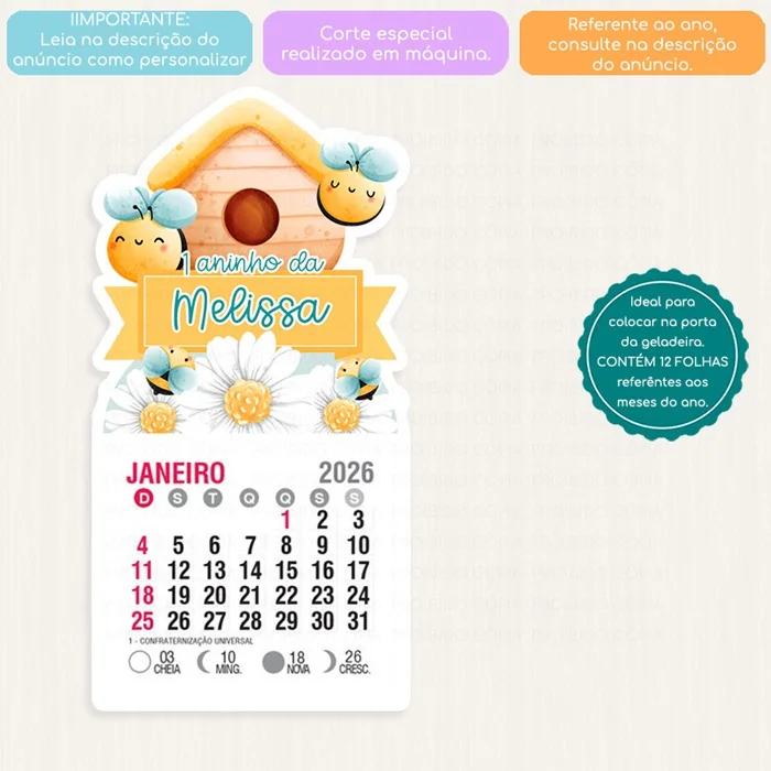 KIT COM 10 MINI CALENDÁRIO OU BLOCO DE RECADO ABELHINHA FOFA AQUARELA - Imagem 3