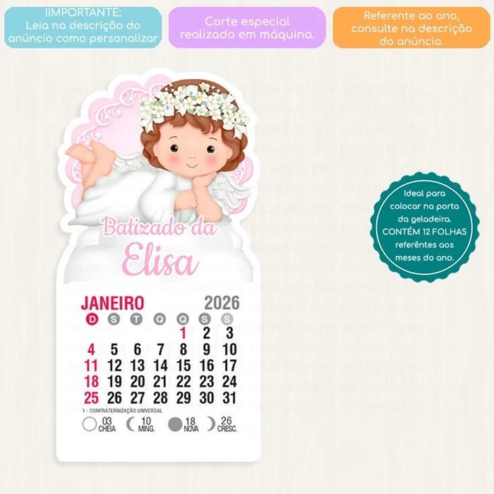 10 Lembrancinha Personalizada Festa Anjinha Mini Calendário ou Bloco de Recado - Imagem 4