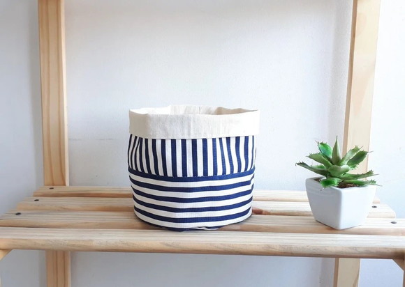 Eco Cesto de Tecido Listrado Azul Branco e Cru - Imagem 4