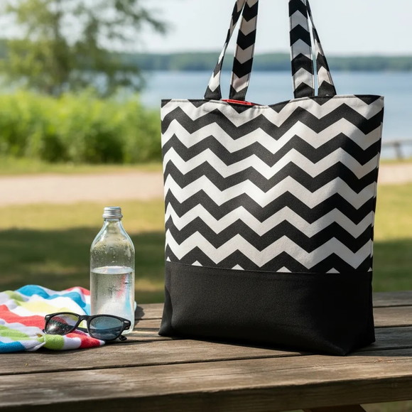 Tote Bag Chevron Branco e Preto / Laranja - Imagem 2