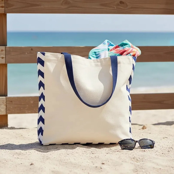 Tote Bag Crua com Detalhe Chevron Marinho