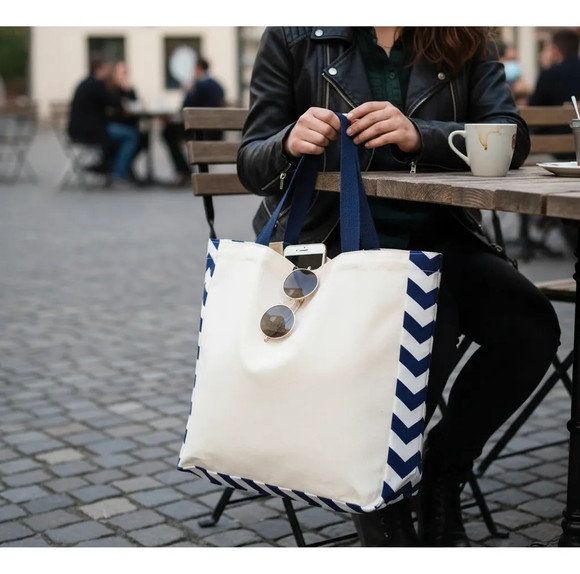Tote Bag Crua com Detalhe Chevron Marinho - Imagem 3