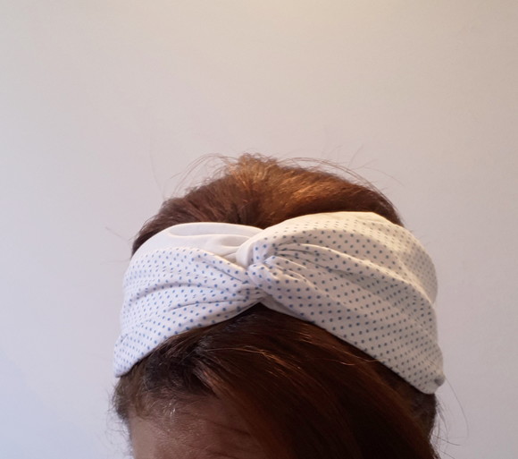 Turbante Headband Faixa Cabelo Boho Vintage Branco Poá Azul - Imagem 2