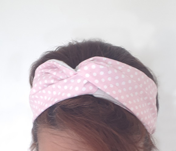 Turbante Headband Faixa Cabelo Boho Vintage Rosa Poá Branco - Imagem 2
