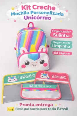 kit escolar unicornio mochila sujinha limpinha estojo higiene