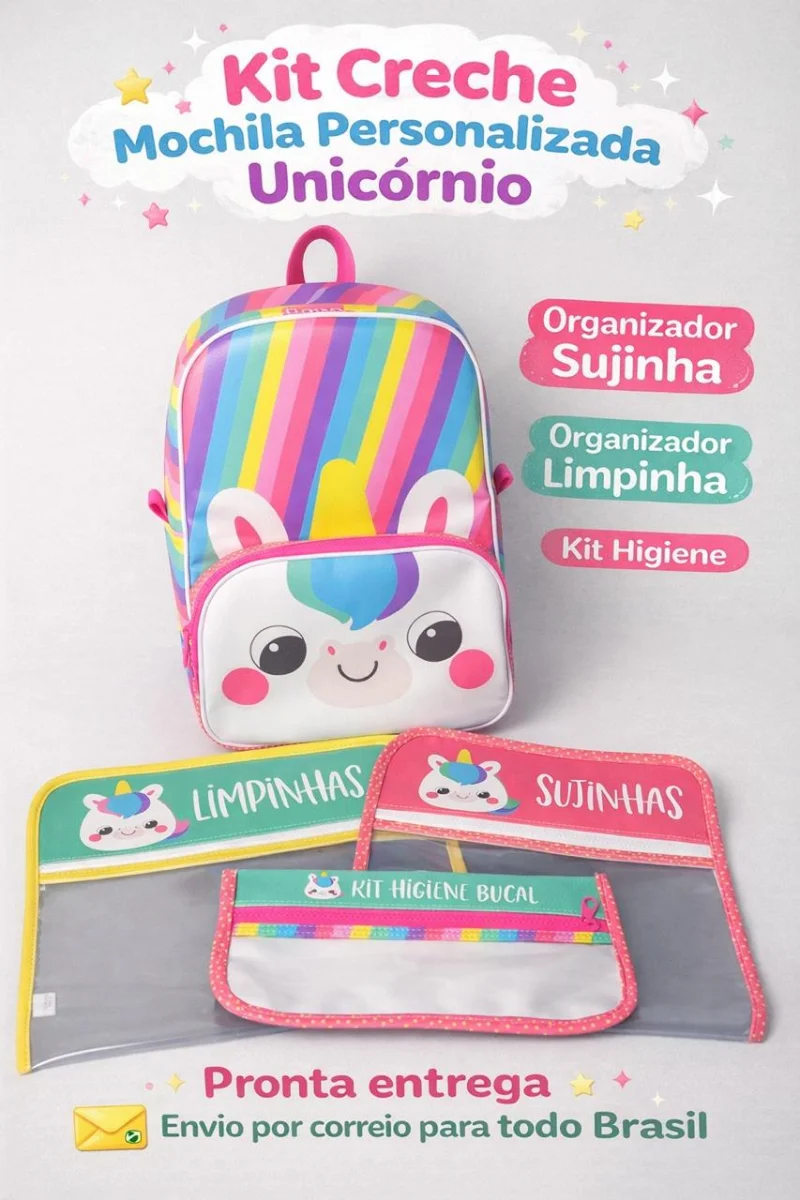 kit escolar unicornio mochila sujinha limpinha estojo higiene - Imagem 6